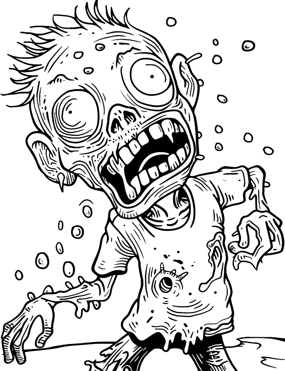 Screaming Zombie Covered in Slime Coloring Page - This one is caught mid-scream, mouth stretched wide over big square teeth. Goo drips off both hands and the hem of his shirt, and round blobs float through the air around him. Slime is the entire point, so break out the neon green and the highlighter yellow. The dripping edges are small and fussy, which suits a steadier hand.