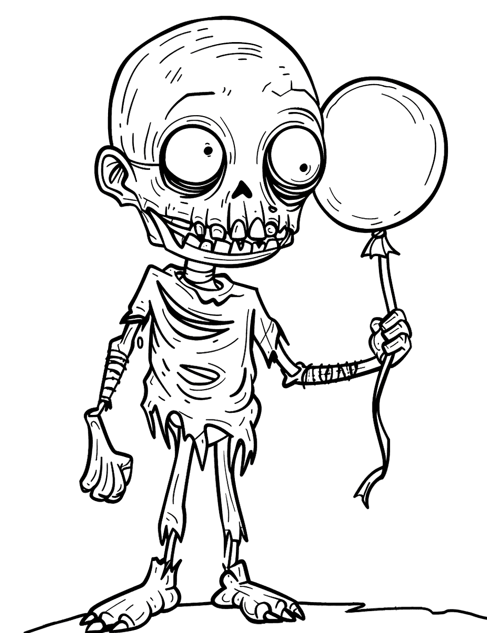 Friendly Zombie With a Balloon Coloring Page - A skinny zombie stands quite politely, holding a balloon on a curly string. His grin reads goofy rather than gruesome, and the bandage wrapped round one arm is the closest thing to gore on the page. That balloon is begging for the brightest color in the box. This is the sheet for a younger sibling who wants a zombie without the nightmares.
