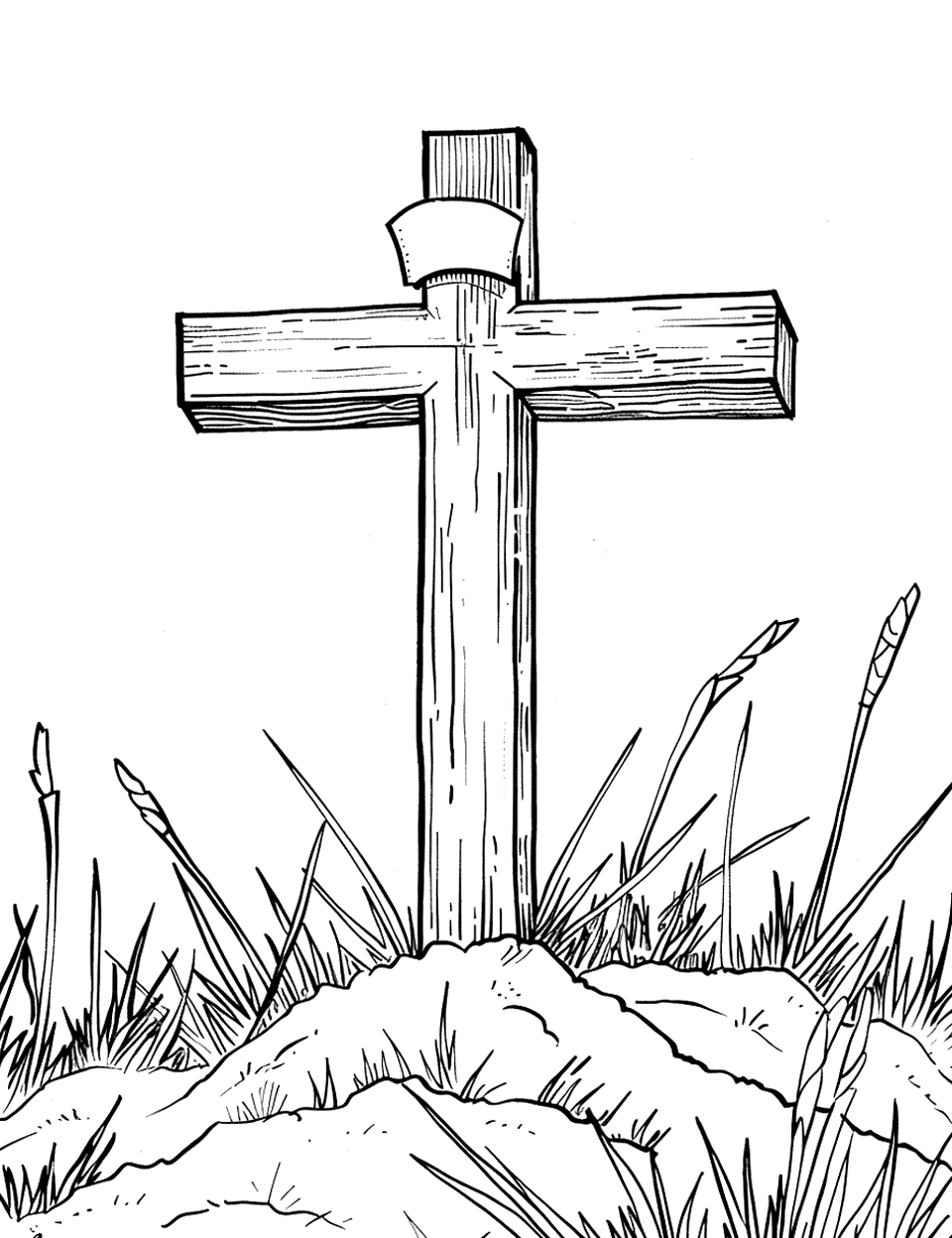 Holy Cross on a Hill Coloring Page - A large cross standing on a grassy hill under a clear sky.