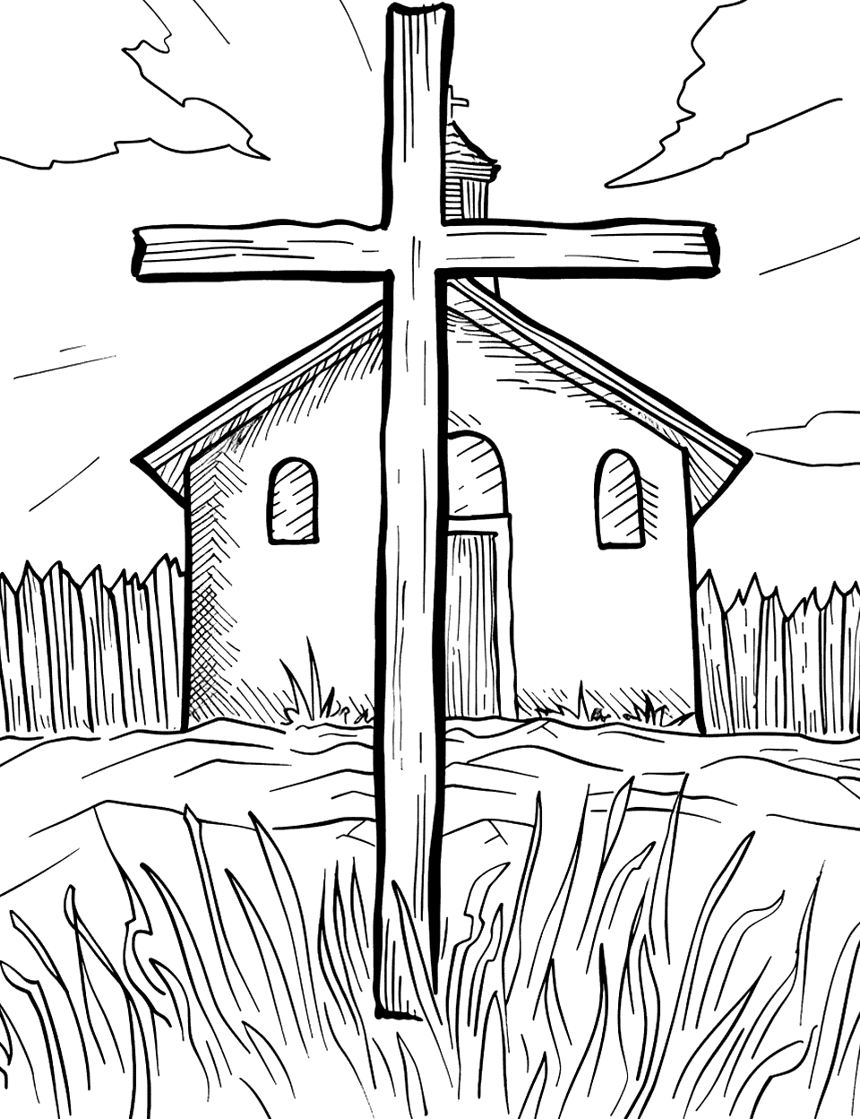 Catholic Church Cross Coloring Page - A cross in front of a Catholic church.