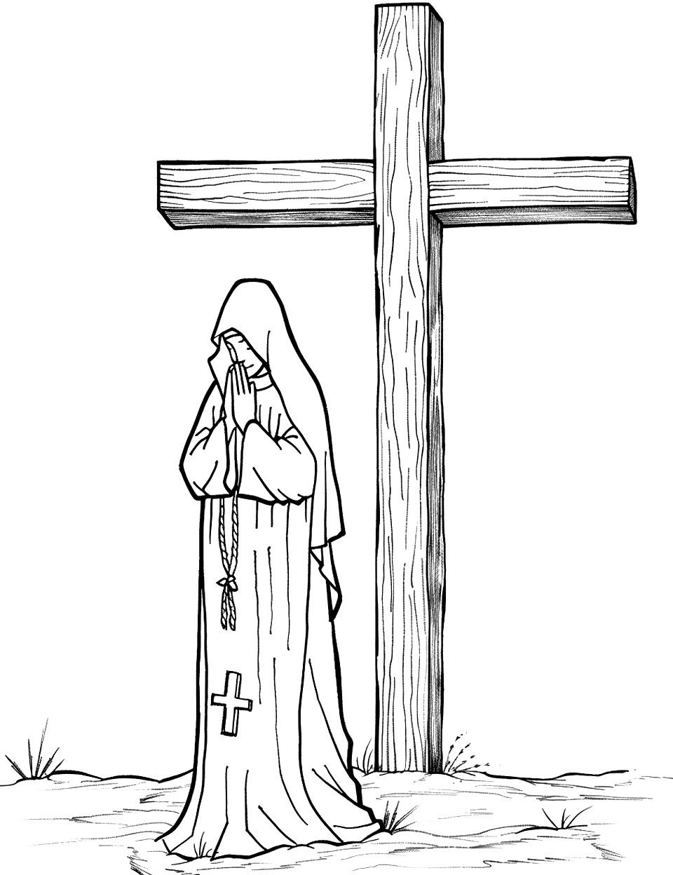 Nun Beside a Cross Coloring Page - A nun standing beside a tall cross, hands clasped in prayer.