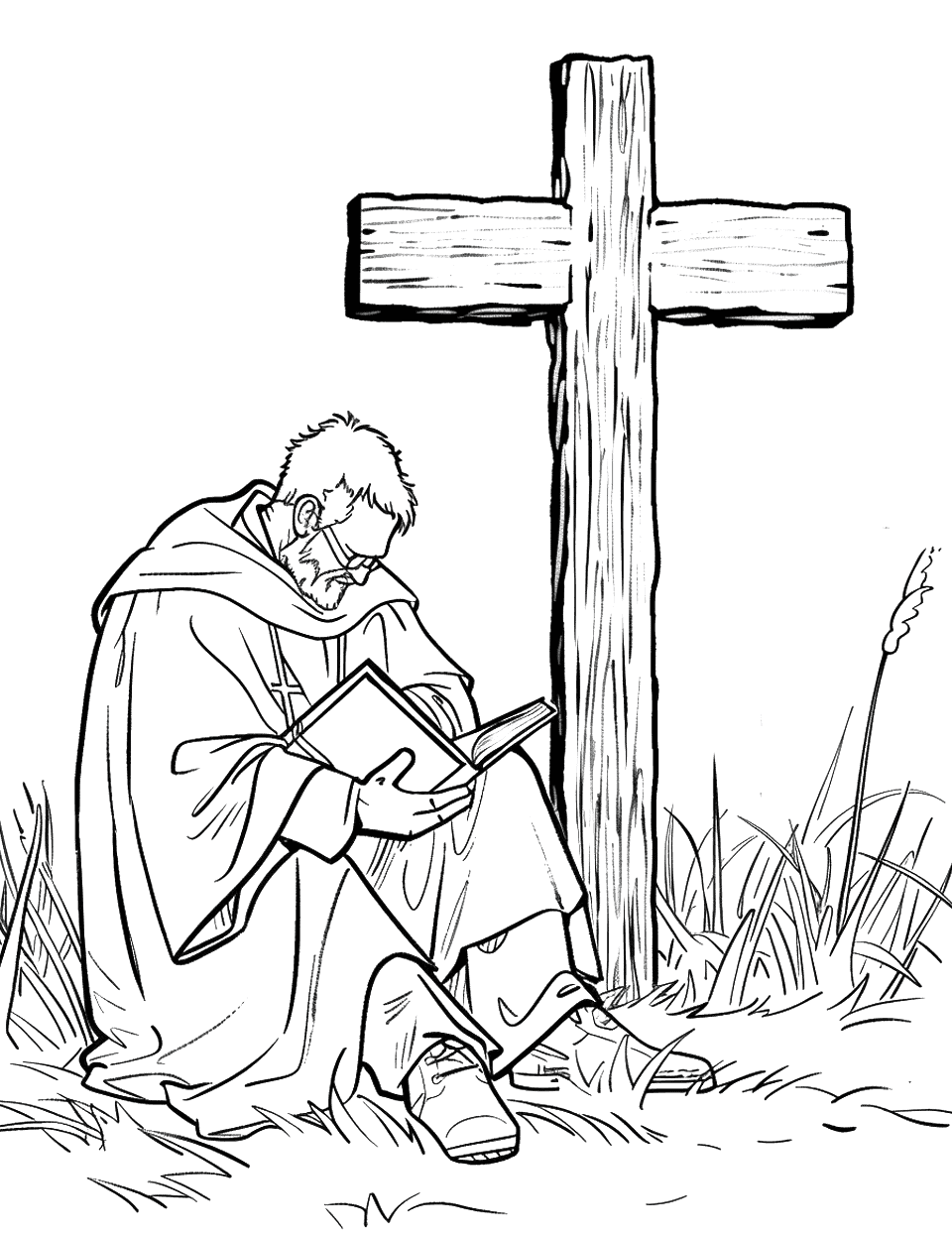 Father Reading by a Cross Coloring Page - A priest, or father, reading a book by a simple wooden cross.