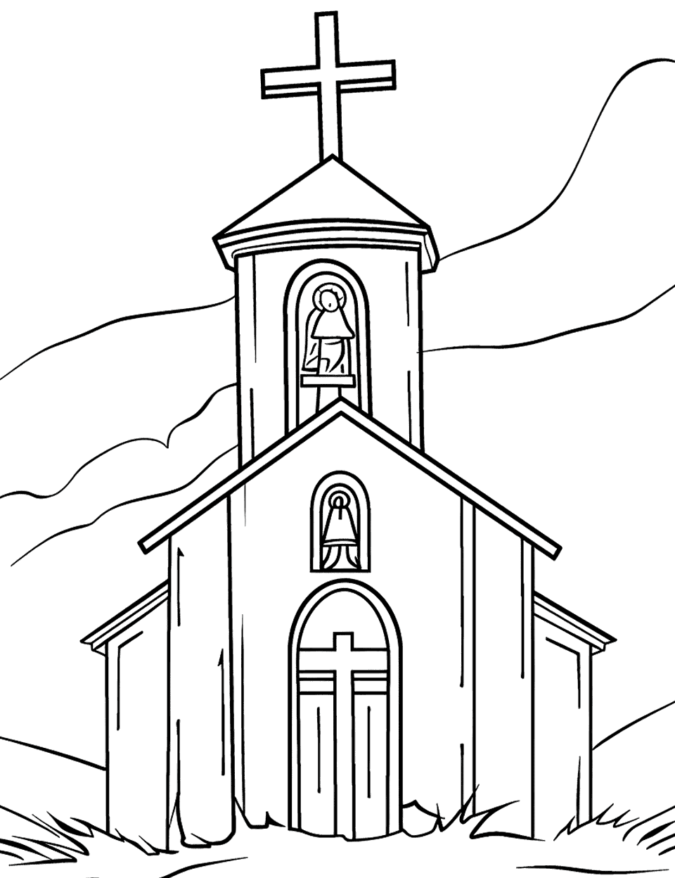 Simple Church Outline Cross Coloring Page - A church topped with a cross against mountain scenery.