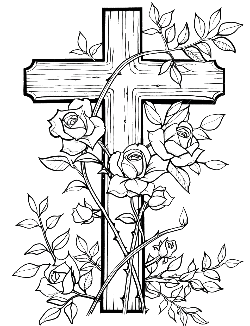 Cross with Climbing Roses Coloring Page - A wooden cross with climbing roses twining around it.