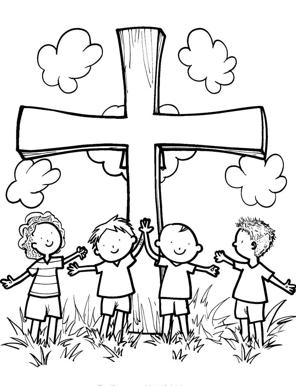 Children Around a Cross Coloring Page - Several children standing in front of the cross on a cloudy day.