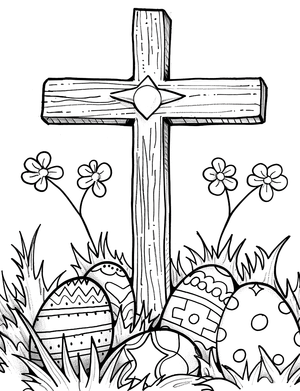 Cross and Easter Eggs Coloring Page - A cross surrounded by decorated Easter eggs in the grass.