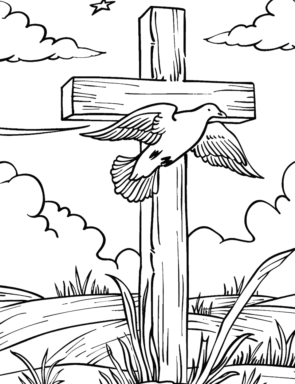Dove Flying Near a Cross Coloring Page - A single dove flying near a cross.