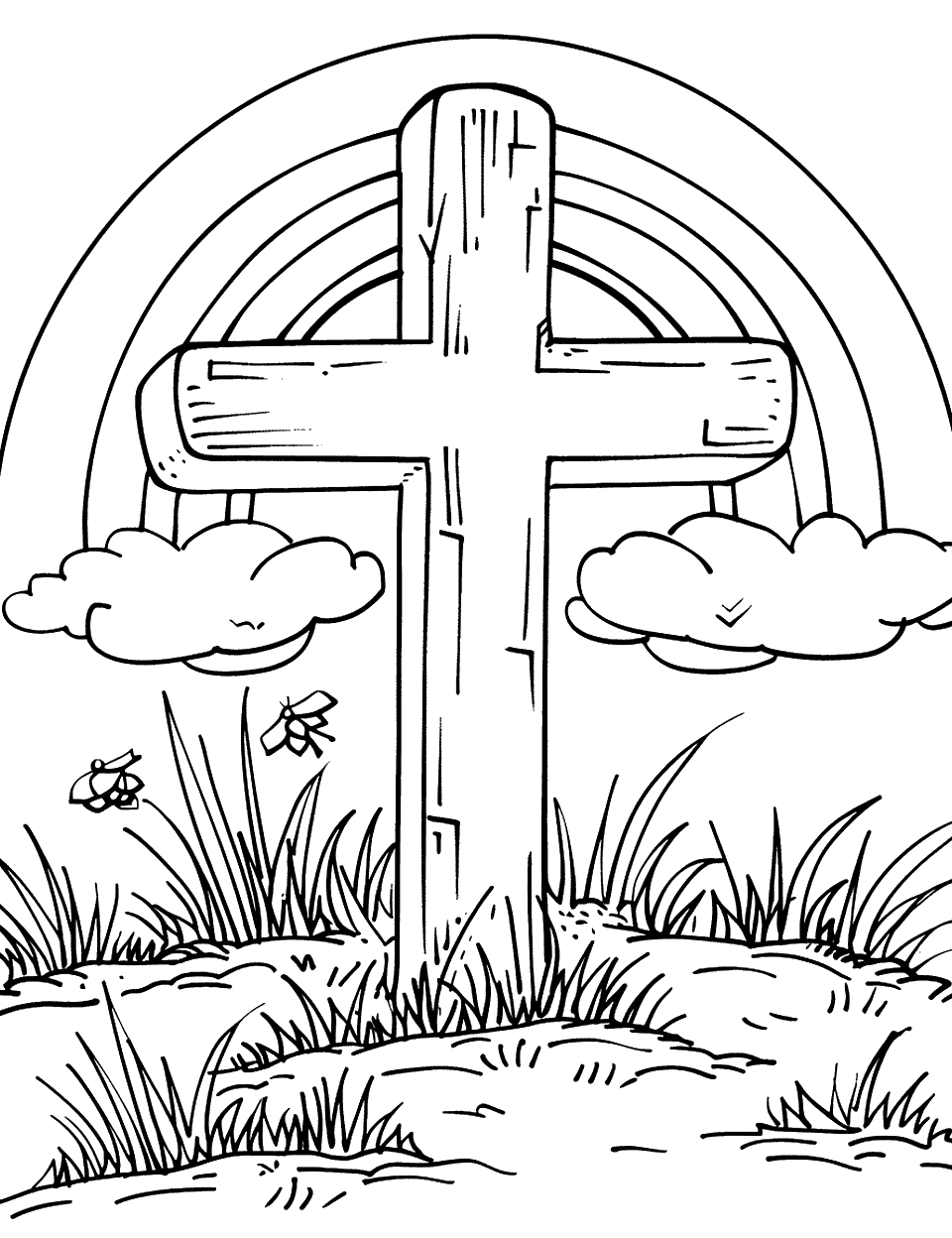 Rainbow Behind Cross Coloring Page - A large rainbow arching over a cross standing in a meadow.