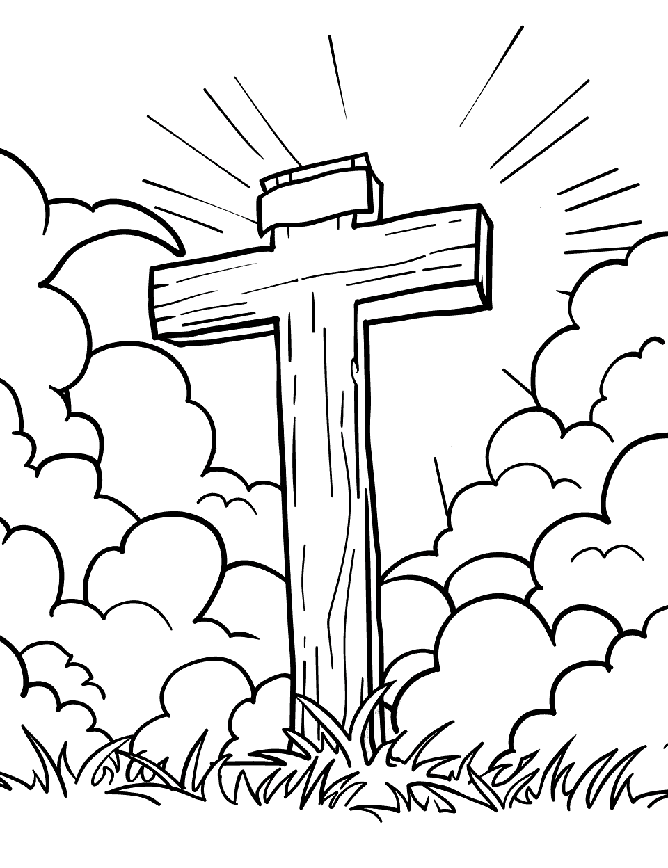 Cross on a Cloudy Sky Coloring Page - A cross standing tall with puffy clouds in the background.