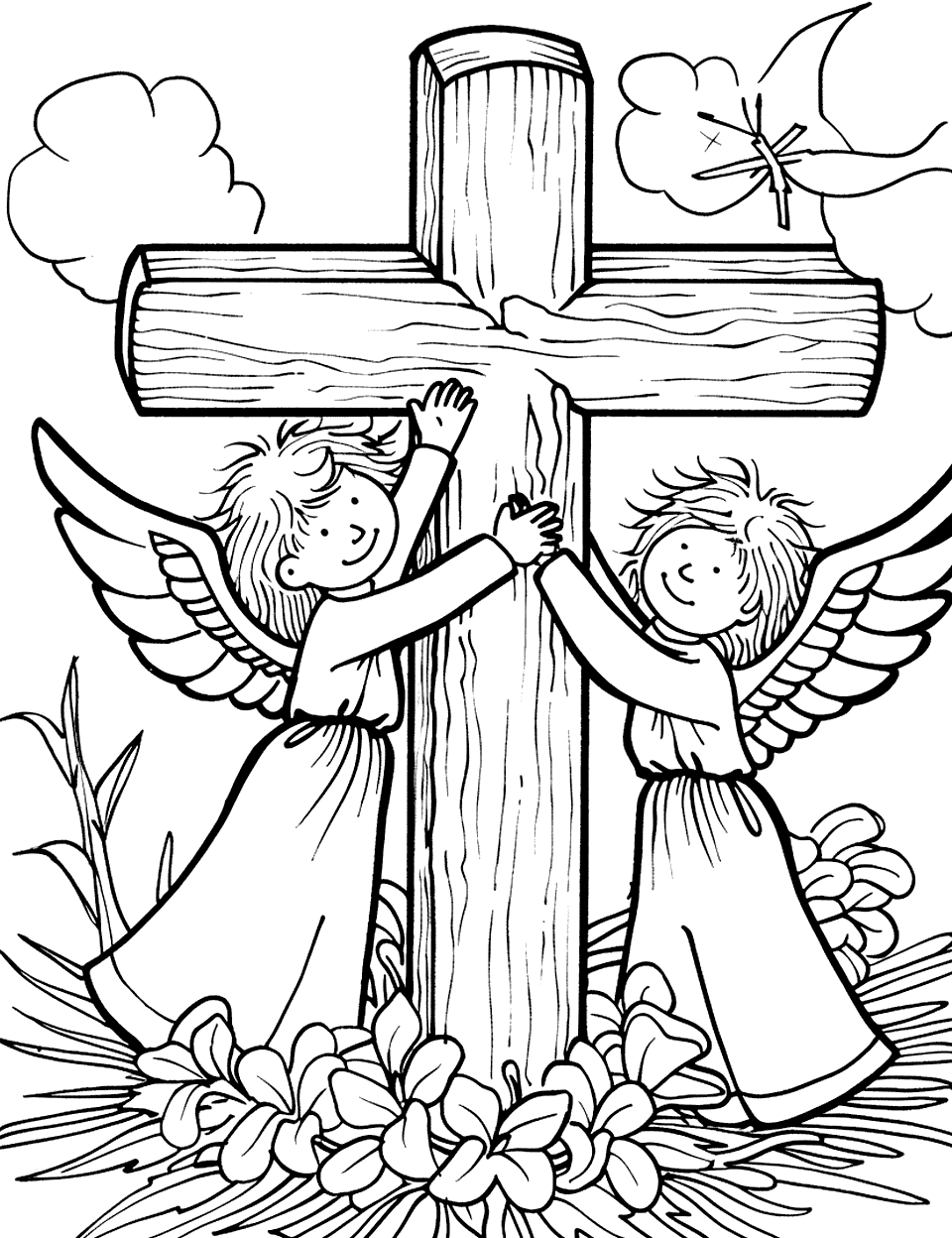 Angels Around a Cross Coloring Page - Two angels with wings touching the cross surrounded by flowers.