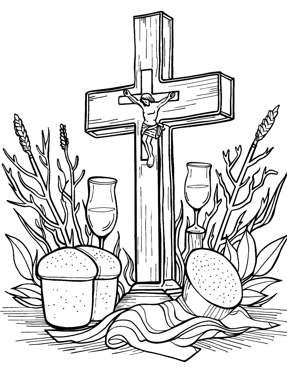 First Communion Scene Cross Coloring Page - A cross next to symbols of bread and wine symbolizes the first communion.