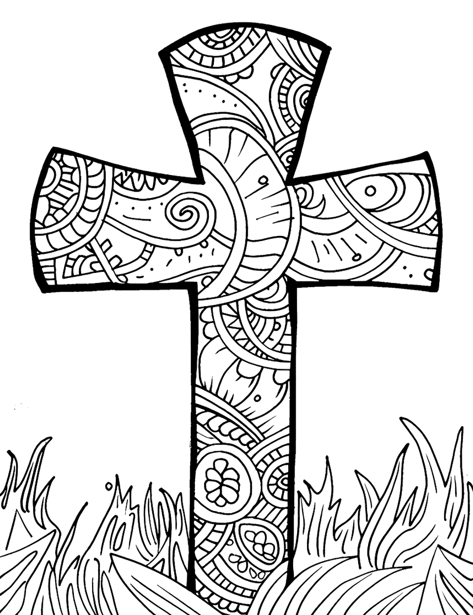 Artistic Pattern Cross Coloring Page - A cross filled with intricate patterns and designs for detailed coloring.