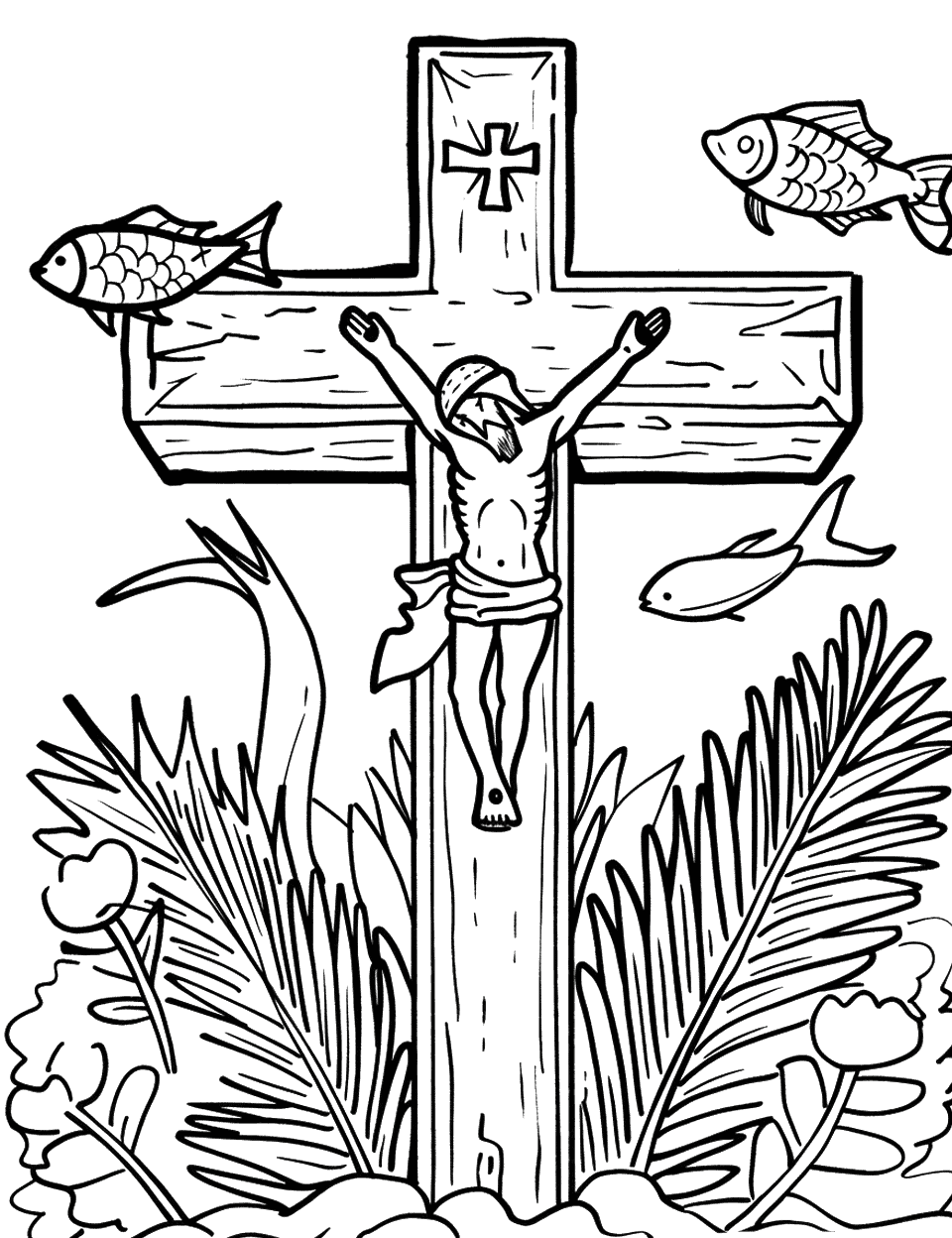 Lenten Cross with Symbols Coloring Page - A cross surrounded by symbols like Lent, like fish and palms.