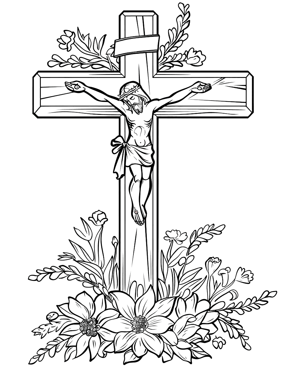 Crucifix with Floral Decor Cross Coloring Page - A crucifix adorned with a garland of flowers at its base.