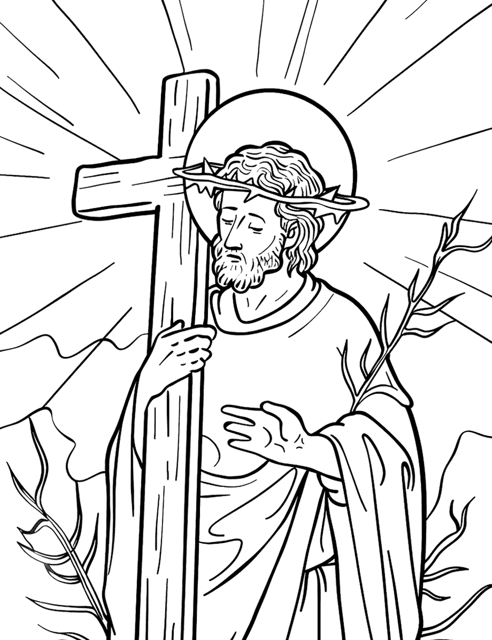 Saint Holding a Cross Coloring Page - A gentle saint holding a simple cross, with a halo over his head.