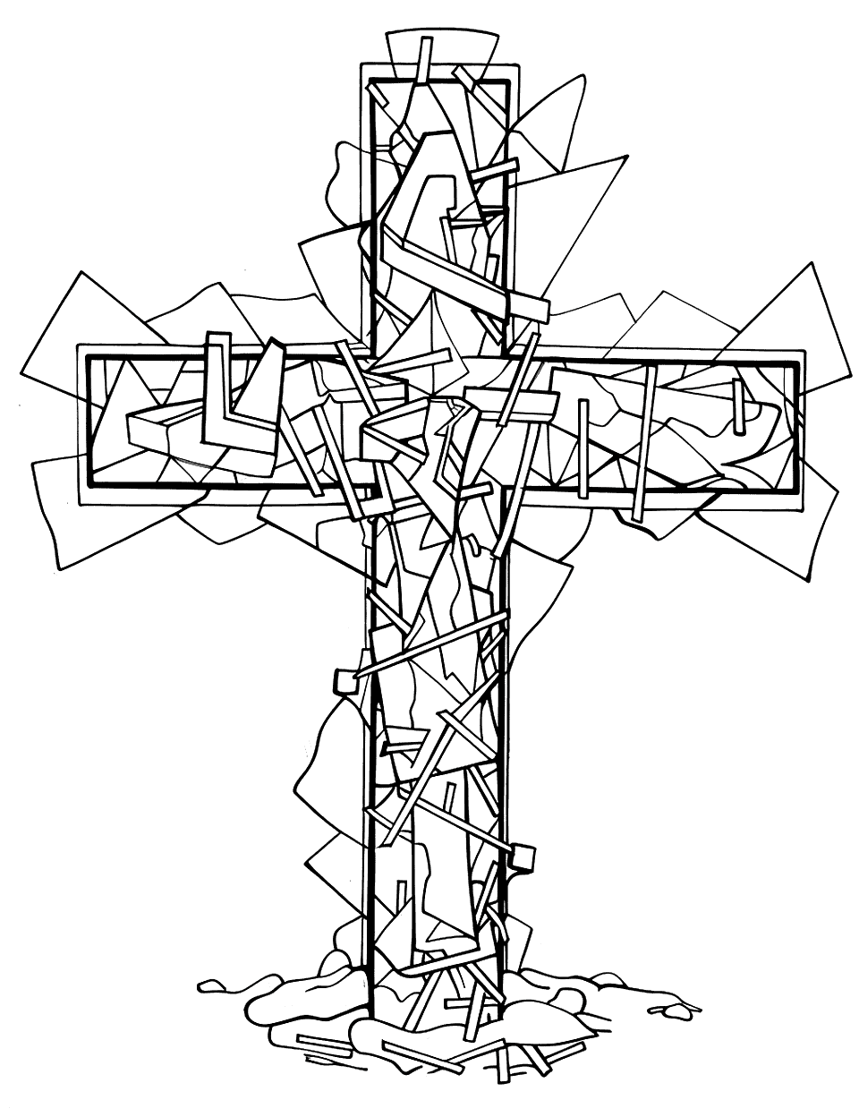 Shiny Glass Cross Coloring Page - A cross with a shiny, glass-like surface reflecting light.
