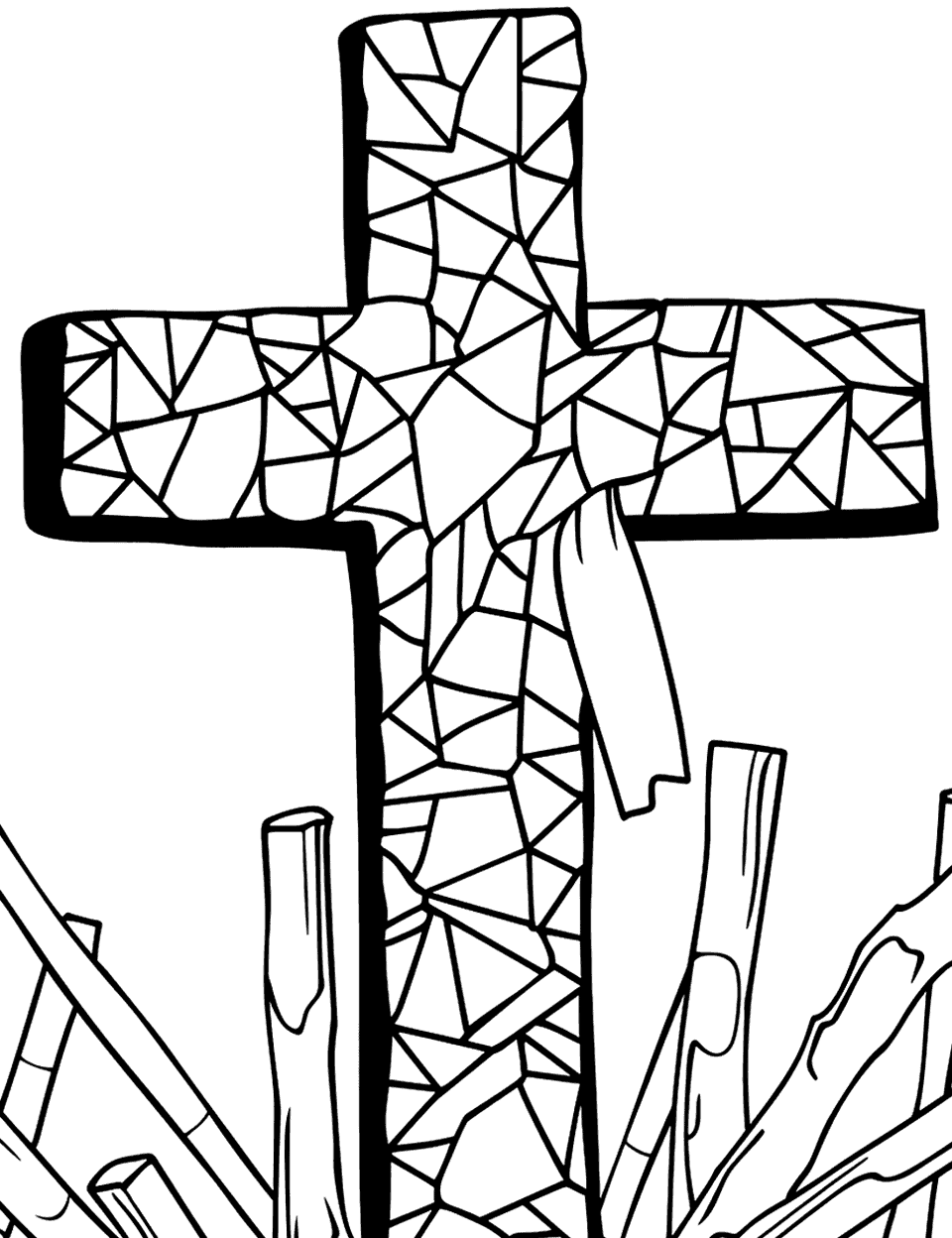 Stained Glass Cross Coloring Page - A cross resembling a stained glass window surrounded by wood at its base.