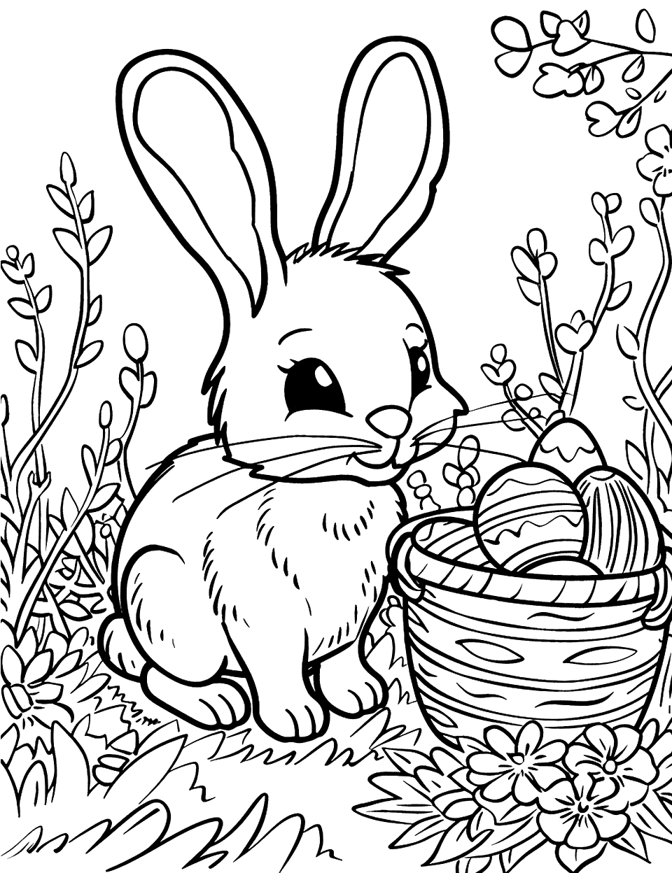 Bunny's Easter Garden Bunny Coloring Page - A bunny tending to a small garden patch with Easter eggs hidden among the plants.