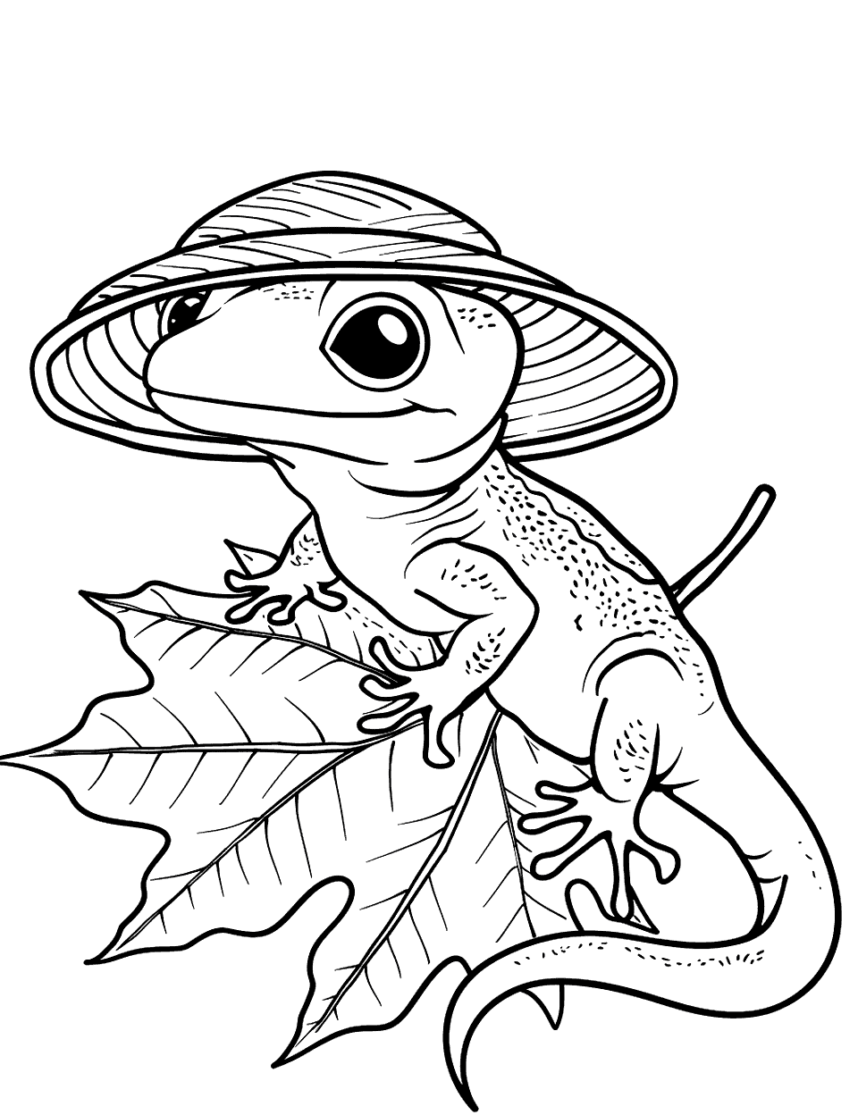 Gecko Wearing a Hat Lizard Coloring Page - A cute gecko wearing a straw hat, sitting on a leaf.