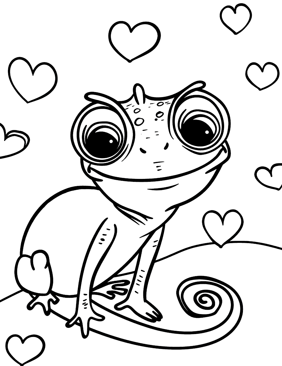 Kawaii Chameleon with Hearts Lizard Coloring Page - A cartoon-style chameleon surrounded by floating hearts, adding a kawaii charm.
