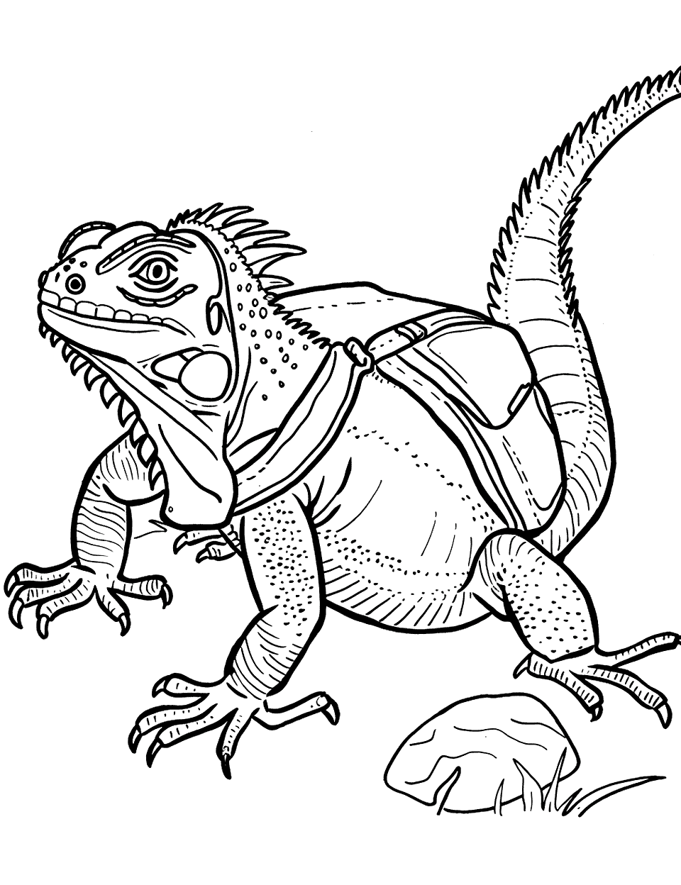 Traveling Iguana with a Backpack Lizard Coloring Page - An iguana with a small backpack, ready for a summer adventure.
