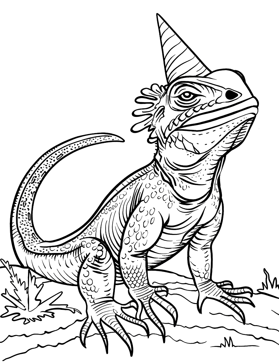 Frilled Lizard with a Party Hat Coloring Page - A frilled lizard celebrating, wearing a party hat.