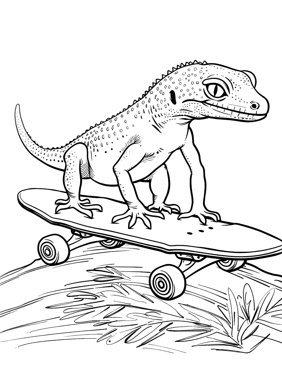 Leopard Gecko on a Skateboard Lizard Coloring Page - A leopard gecko standing on a skateboard, ready to roll down a small hill.
