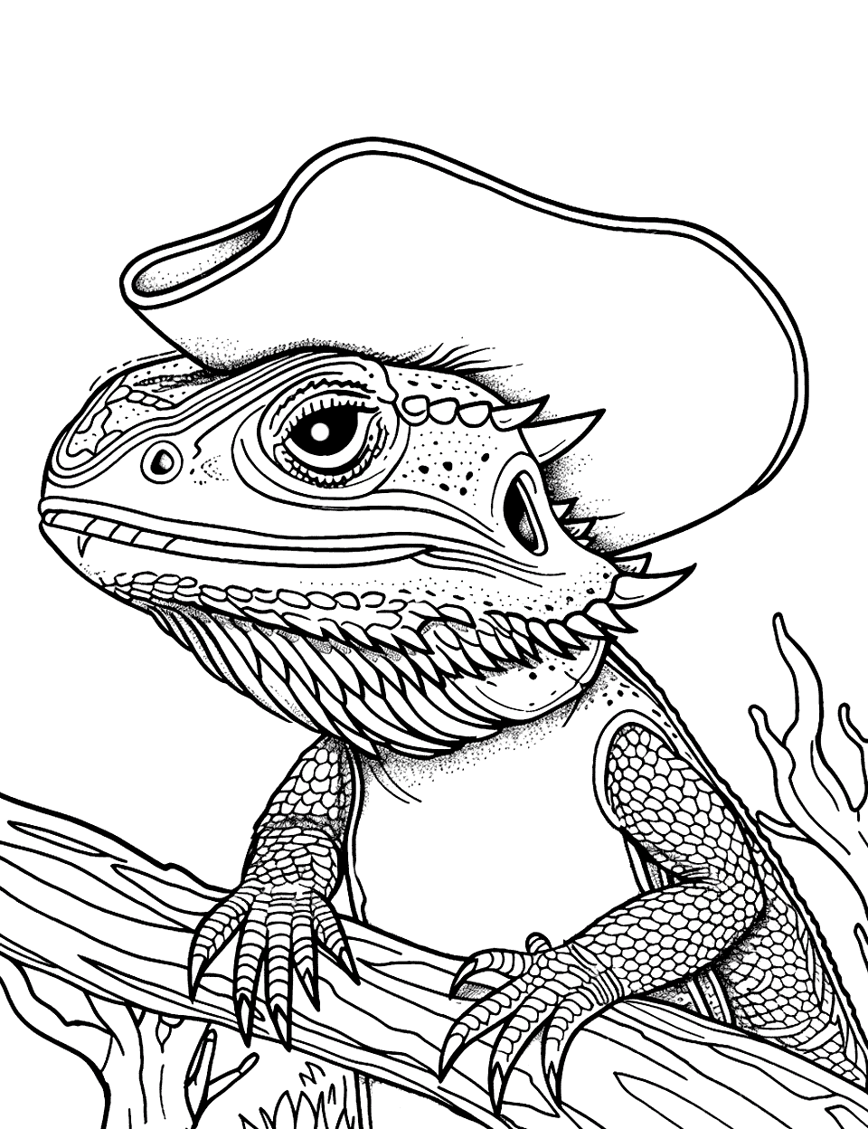 Bearded Dragon as a Pirate Lizard Coloring Page - A bearded dragon dressed up as a pirate with a pirate hat.