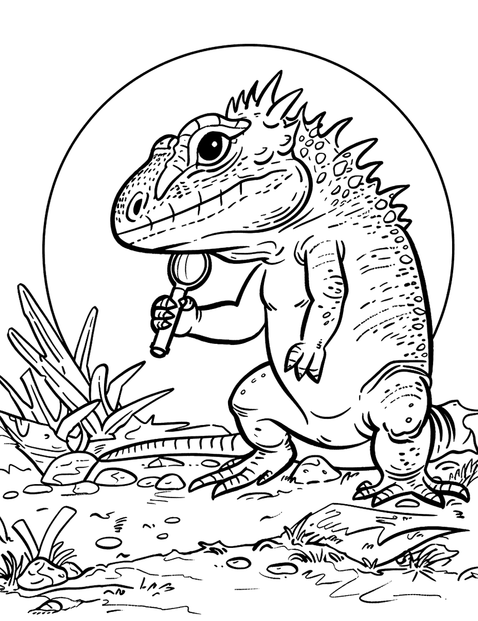 Horned Lizard with a Magnifying Glass Coloring Page - A horned lizard acting like a detective, holding a magnifying glass.