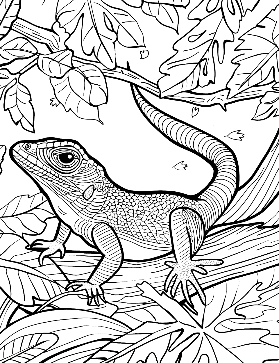 Anole During Autumn Lizard Coloring Page - An anole amidst autumn leaves, with a gentle fall breeze moving the leaves.