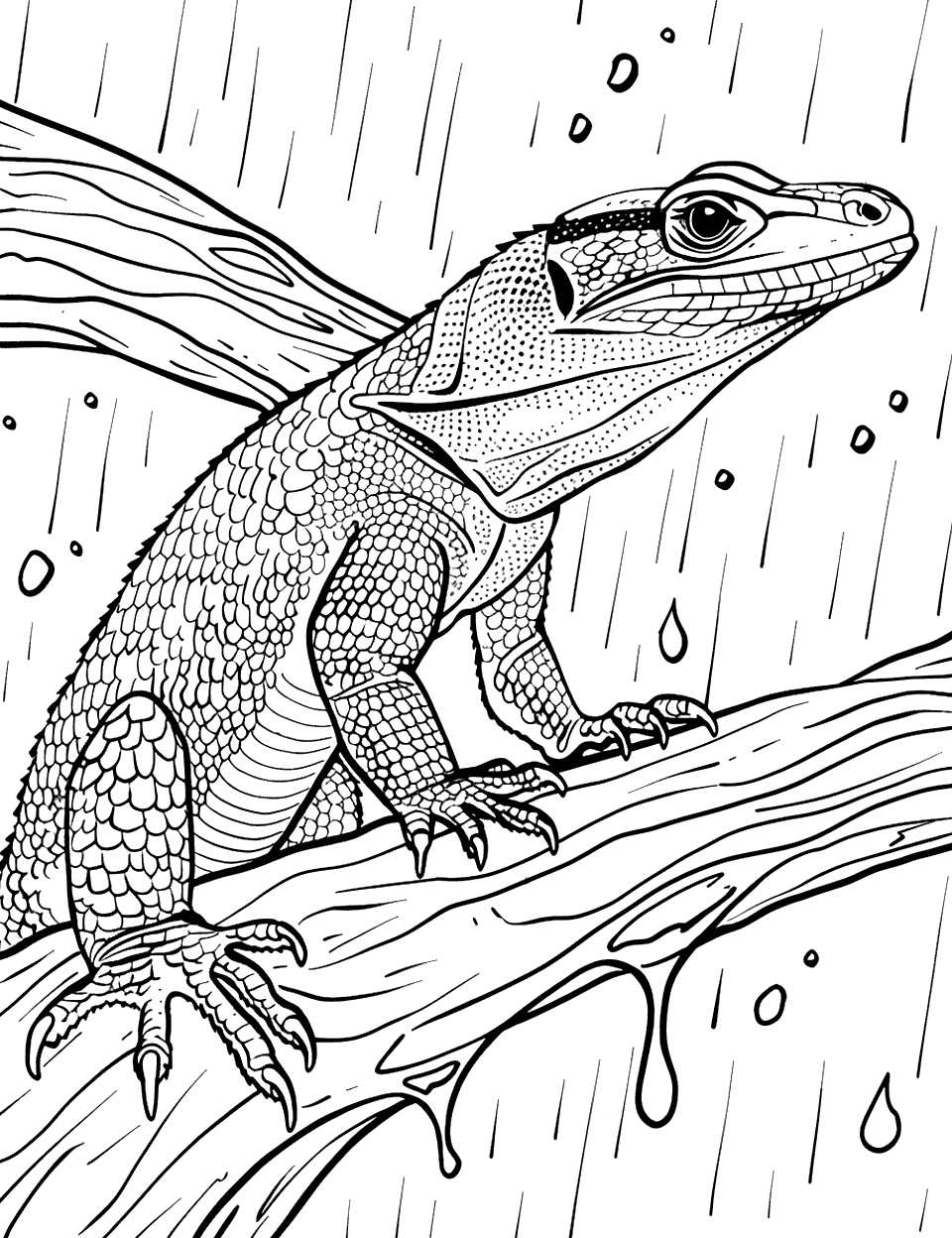 Monitor Lizard Enjoying Rain Coloring Page - A monitor lizard enjoying a refreshing shower.