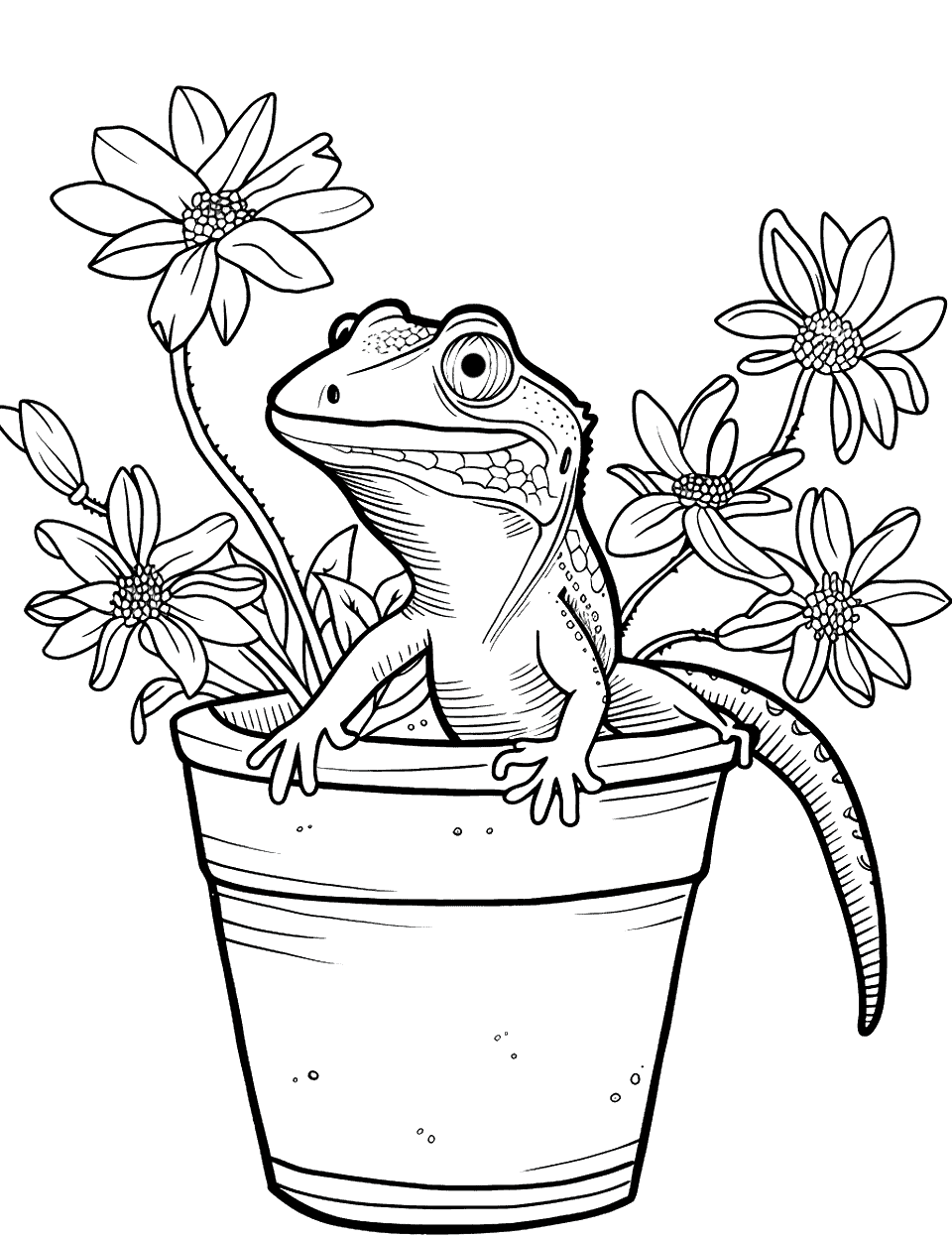 Gecko in a Flower Pot Lizard Coloring Page - A small gecko peeking out from a flower pot filled with blooming flowers.