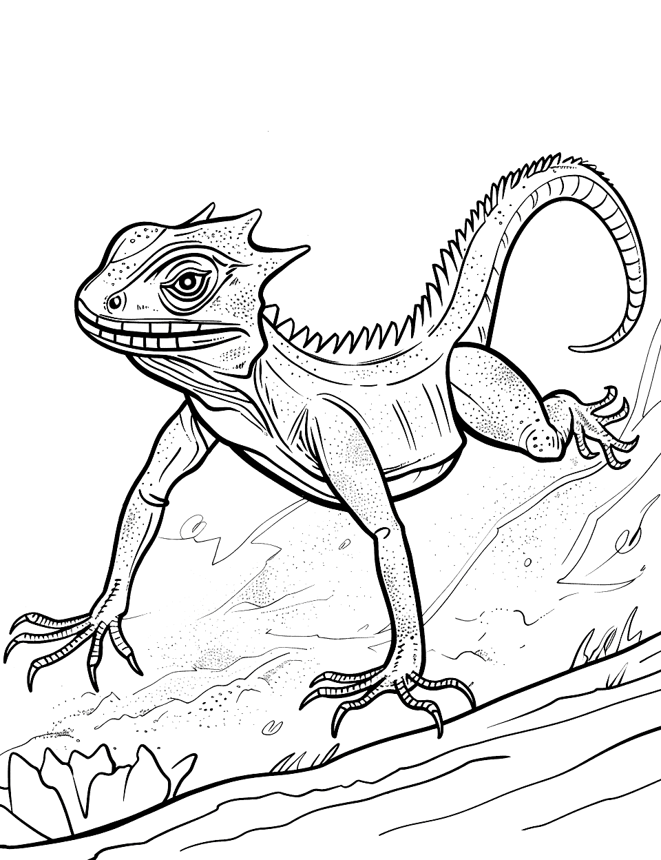 Frilled Lizard Running Coloring Page - A frilled lizard in mid-run across a plain, showing motion.