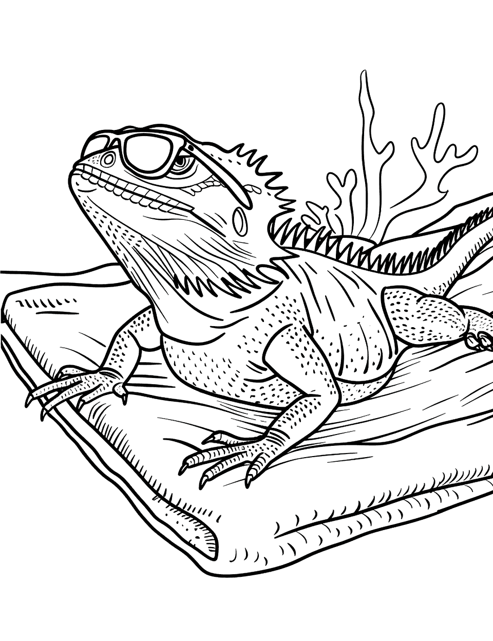 Bearded Dragon with Sunglasses Lizard Coloring Page - A bearded dragon wearing oversized sunglasses, lounging on a towel.
