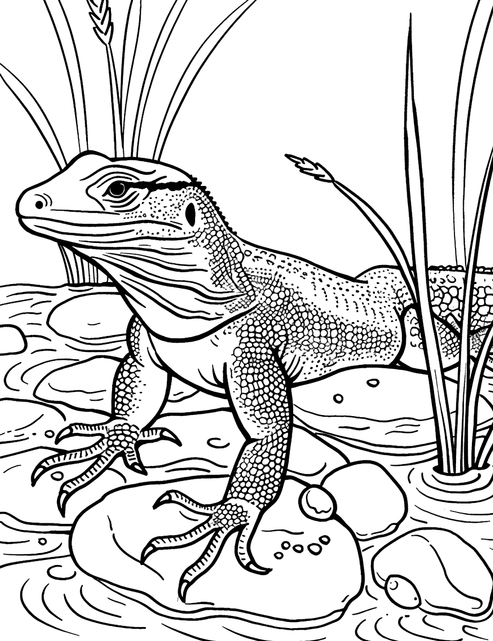 Monitor Lizard by the River Coloring Page - A monitor lizard next to a river, with stones and a few reeds in the background.