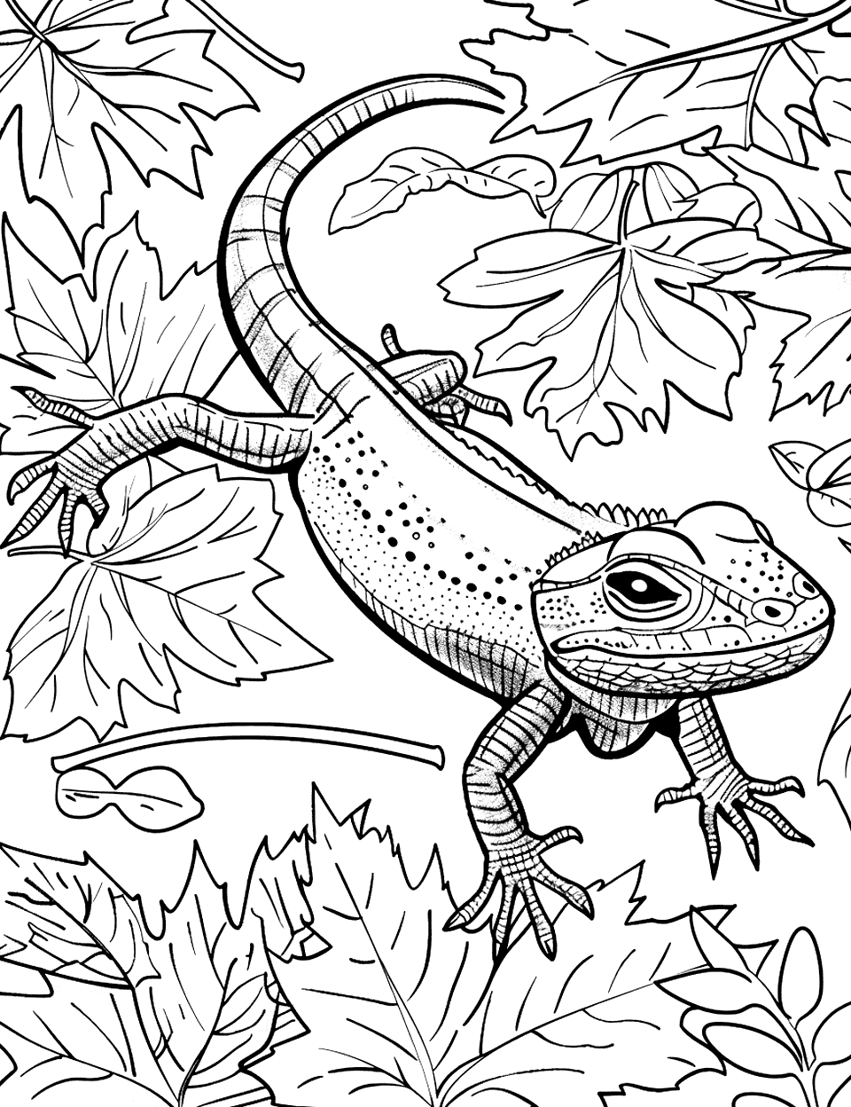 Alligator Lizard Among Leaves Coloring Page - An alligator lizard camouflaged among fallen leaves on a forest floor.