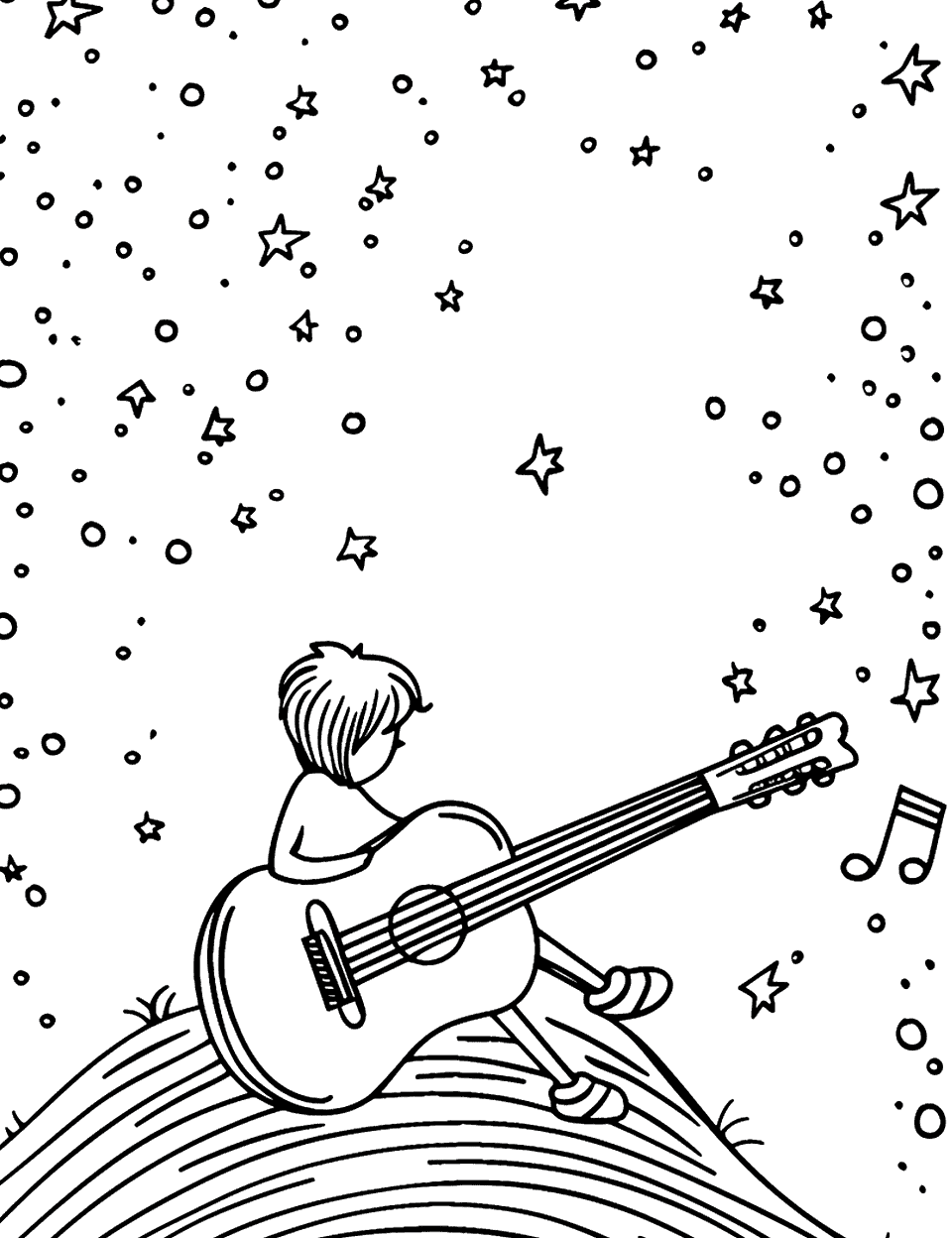 Guitar Solo Under the Stars Music Coloring Page - A child sitting on a hill playing an acoustic guitar with a night sky filled with stars above.