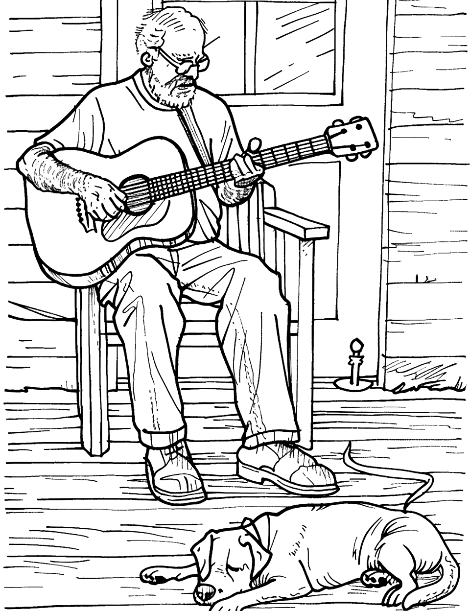 Guitar tunes on the Porch Music Coloring Page - An elderly man playing a guitar on his front porch with a dog lying beside him.