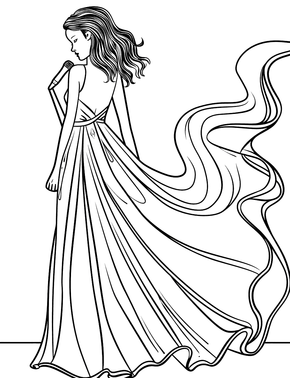 Operatic Performance Music Coloring Page - A young woman dressed in a dramatic gown singing passionately on a simple stage.