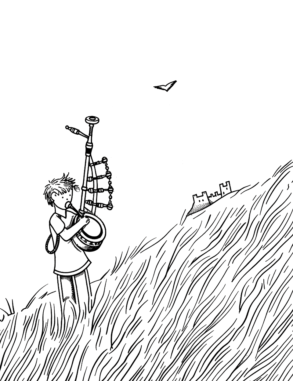Bagpipe at the Highlands Music Coloring Page - A boy playing bagpipes on a grassy hill with a distant castle in the background.
