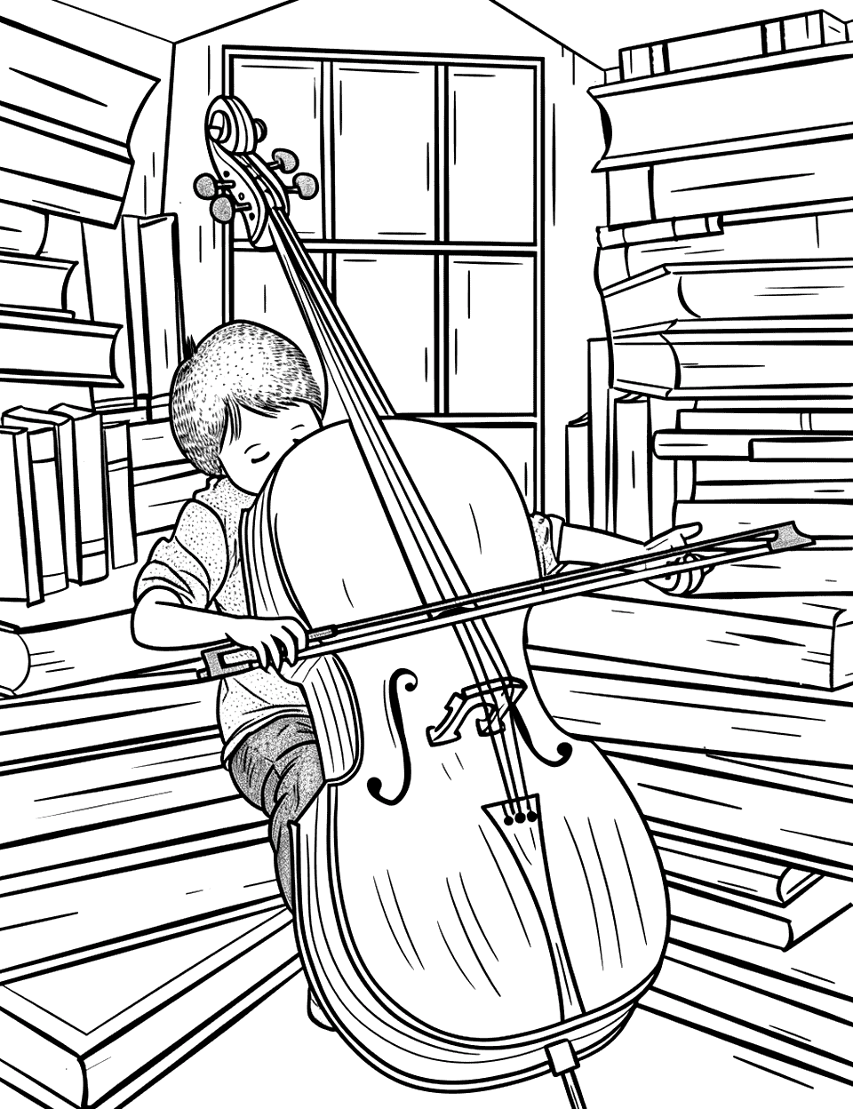 Cello Practice in the Attic Music Coloring Page - A child playing a cello in a cozy attic filled with books and a small window.