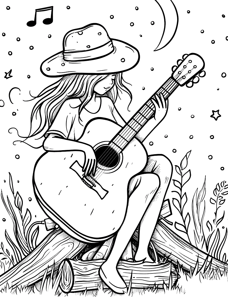 Solo Singer at the Campfire Music Coloring Page - A girl singing with a guitar under the night sky.