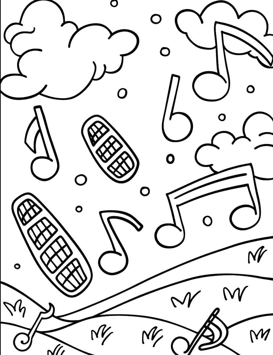 Music Notes in the Sky Coloring Page - Clouds shaped like music notes floating above a landscape.