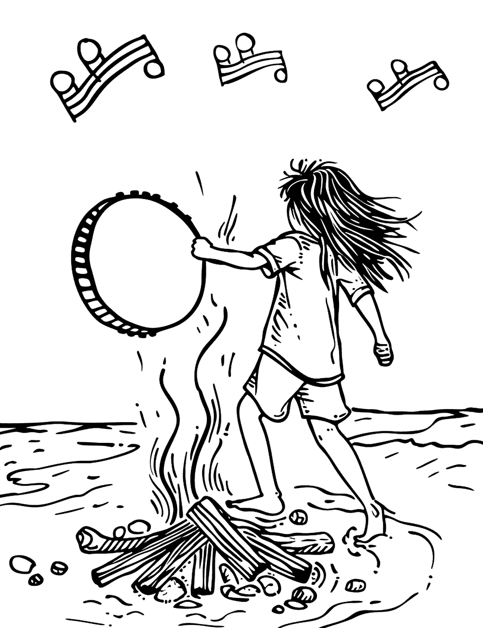 Tambourine Dance on the Beach Music Coloring Page - A child playing a tambourine while dancing around a beach bonfire.