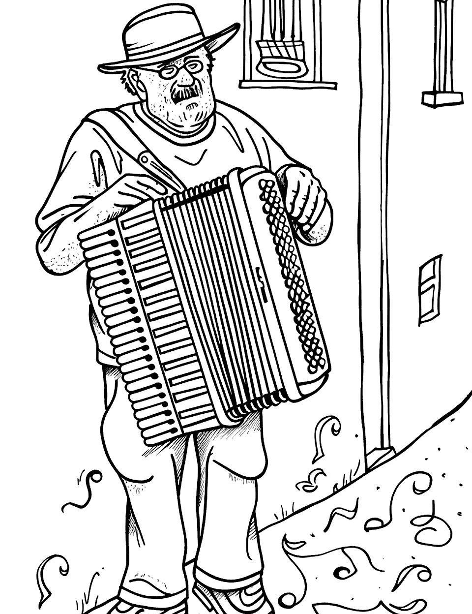 Accordion Player in an Alley Music Coloring Page - An elderly man playing an accordion in a quaint European alley.