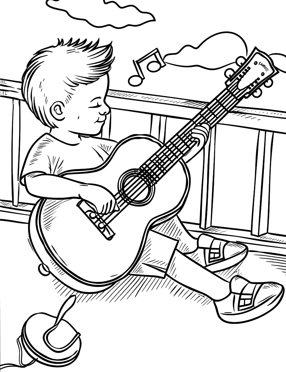 Ukulele on the Balcony Music Coloring Page - A child playing the ukulele on a balcony.