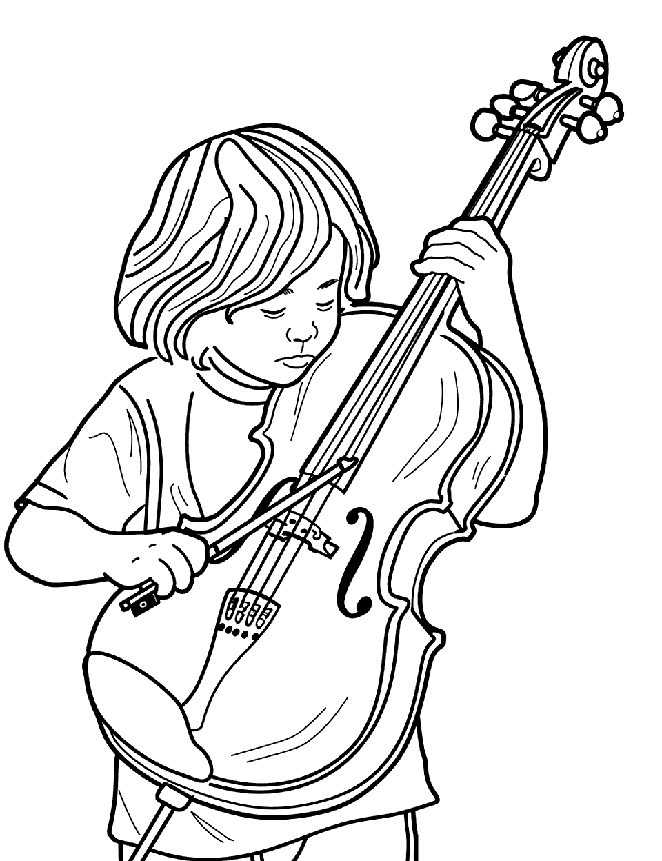 Violin Player in the Orchestra Music Coloring Page - A young child looking focused while playing the violin in a school orchestra.