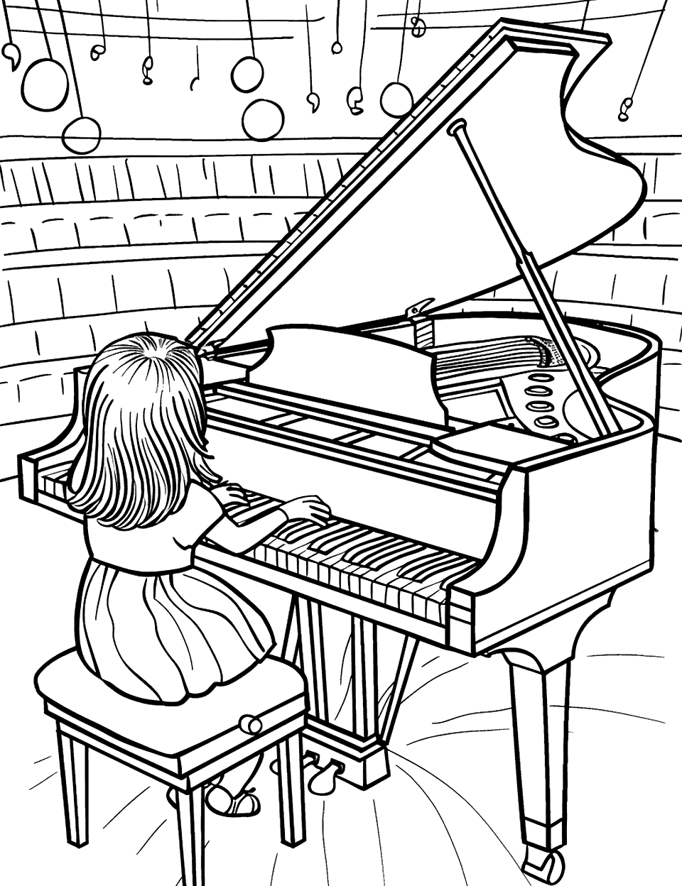 Piano Recital Music Coloring Page - A young girl confidently performing on a grand piano in a bright concert hall.
