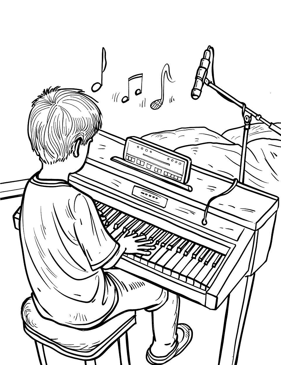 Keyboard Practice at Home Music Coloring Page - A teenager playing a keyboard in their bedroom.