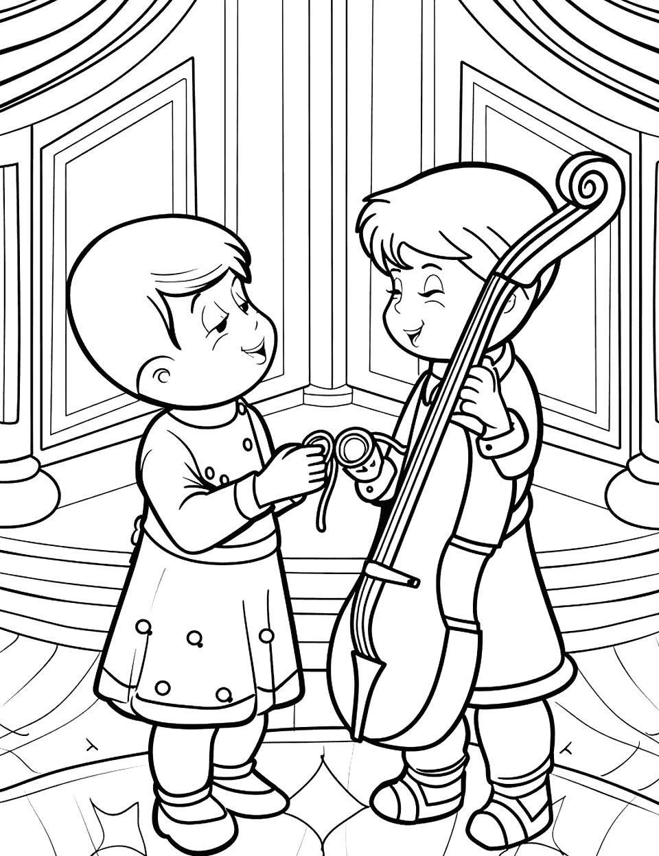 Opera at the Theater Music Coloring Page - Children dressed in fancy clothes, ready for the opera at a grand theater.